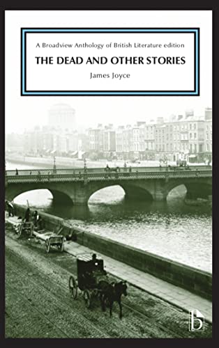 Book cover: "The Dead and Other Stories" by James Joyce, with a Dublin cityscape.