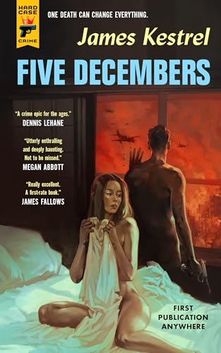 Book cover: “Five Decembers” depicts a couple with a plane in a fiery sky.
