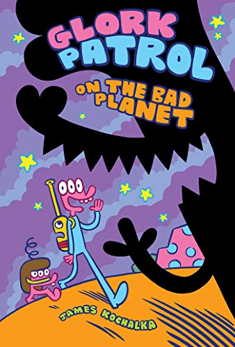 Book cover: pink alien and robot on a yellow, spiky planet.