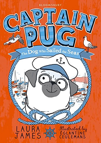 Book cover: a pug wearing a sailor hat, with boats in the background.