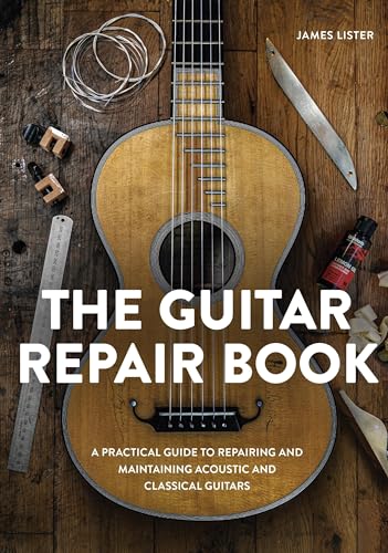 Image of a guitar repair book with a guitar and tools on the cover.