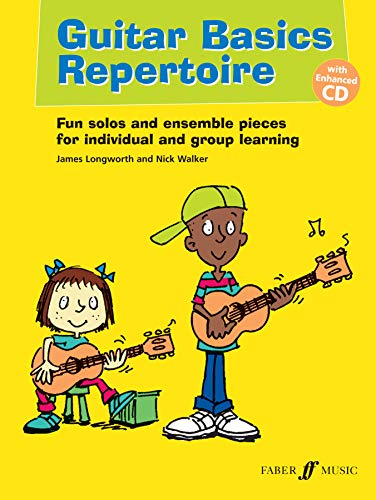 Book cover with cartoon children playing guitars, titled "Guitar Basics Repertoire".