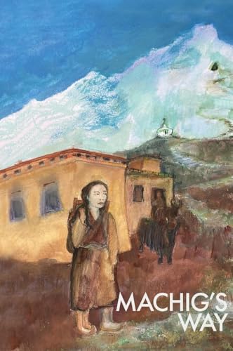 A painting of a Tibetan girl standing before a building with snowy mountains behind.