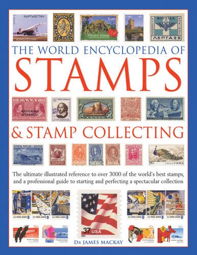 Book cover titled The World Encyclopedia of Stamps and Stamp Collecting featuring various postage stamps.