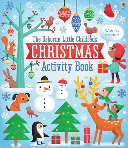Colorful children’s Christmas activity book cover with animals and snowmen.