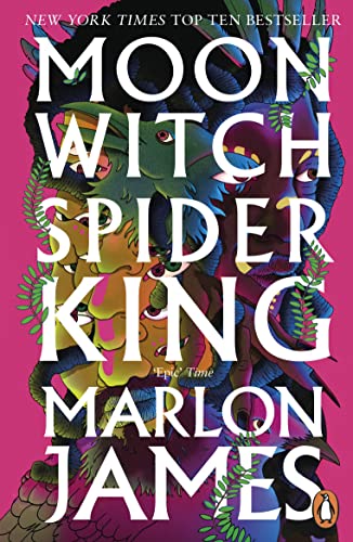 Book cover: “Moon Witch, Spider King” with illustrated spider and foliage.