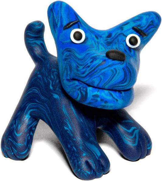 A blue marbled clay dog figurine with black eyes and a black nose.