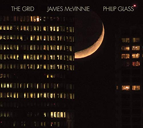 CD cover: skyscraper with crescent moon, text “James McVinnie, Philip Glass”.