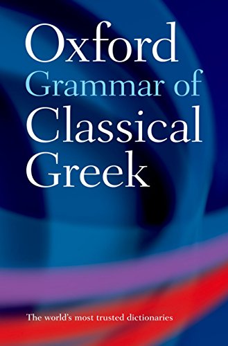 Book cover titled Oxford Grammar of Classical Greek with blue background and abstract lines.