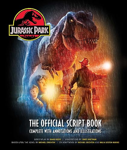 Jurassic Park script book cover featuring a T-Rex and characters.