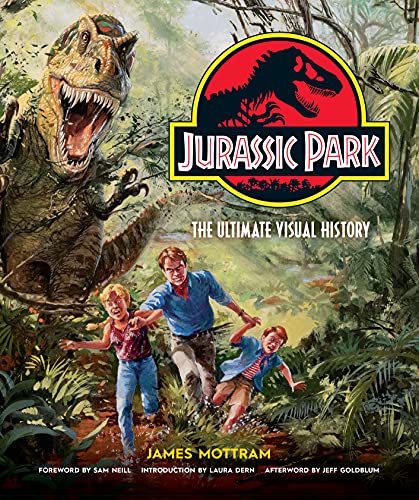 Jurassic Park book cover featuring dinosaurs, people running, and lush foliage.