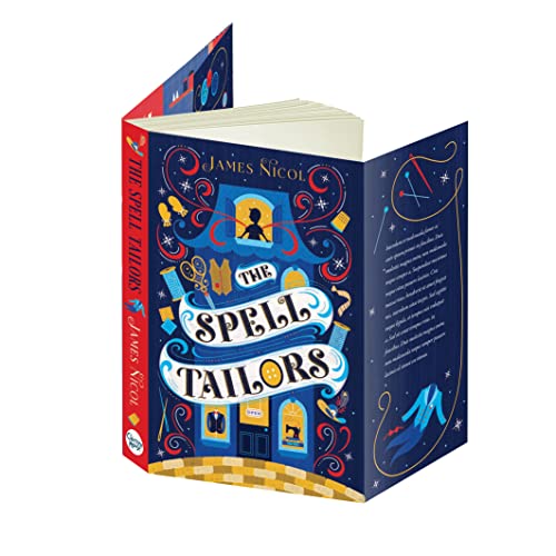 Open book, “The Spell Tailors,” with illustrated dark blue cover.