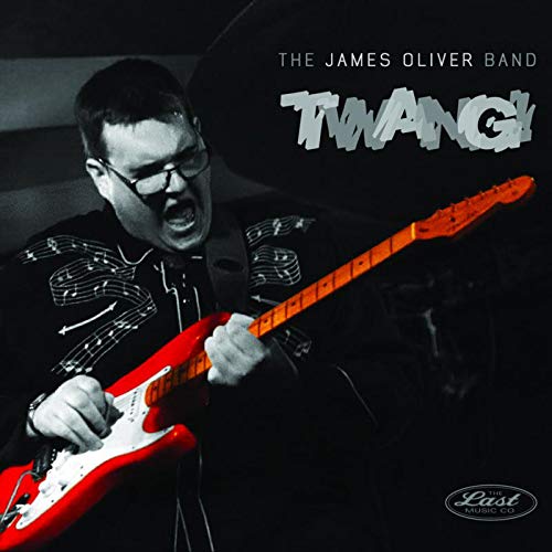 Man playing red electric guitar, yelling, on a vinyl album cover.