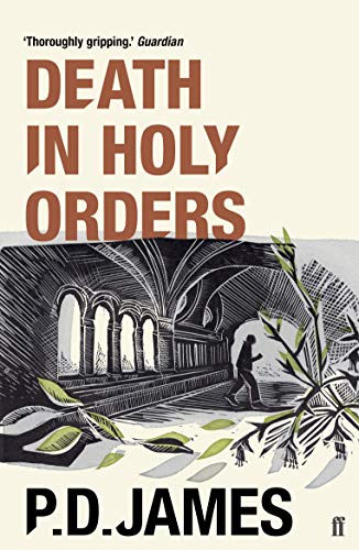 Book cover: “Death in Holy Orders” with a shadowy cathedral illustration.