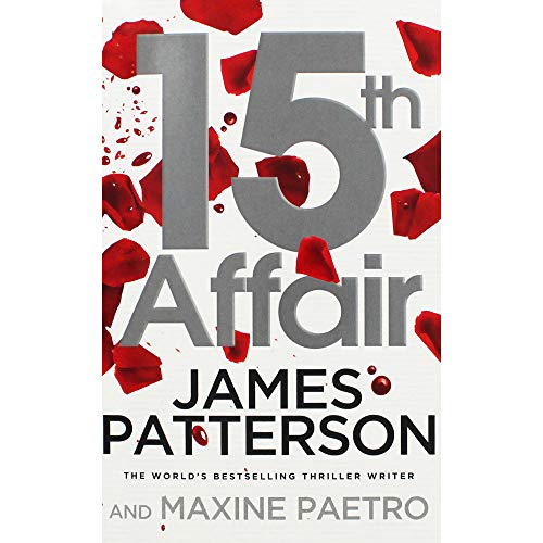 Book cover: "15th Affair" by James Patterson, with red rose petals.