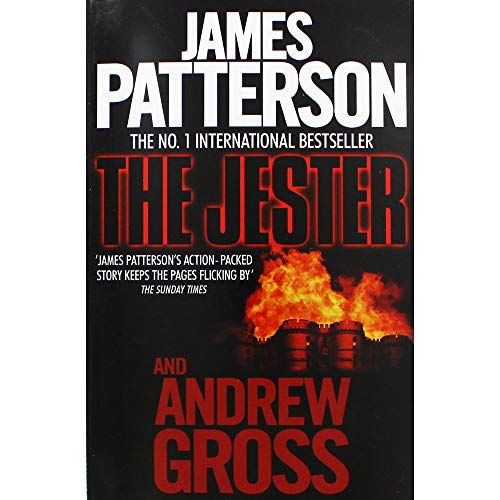 Book cover for The Jester by James Patterson and Andrew Gross with burning castle illustration.