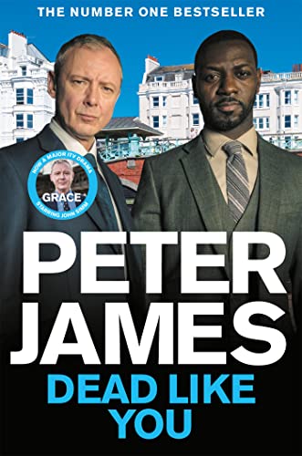 Book cover: two men in suits, coastal town background, title "Dead Like You".