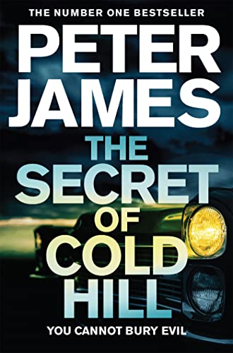 Book cover for “The Secret of Cold Hill” with a car headlight.