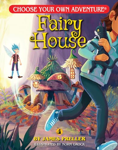 Book cover: "Fairy House" with a boy, cat, fairy, and mushroom house.
