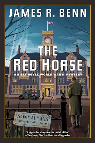 Book cover: large building, man in coat, and text “The Red Horse”.