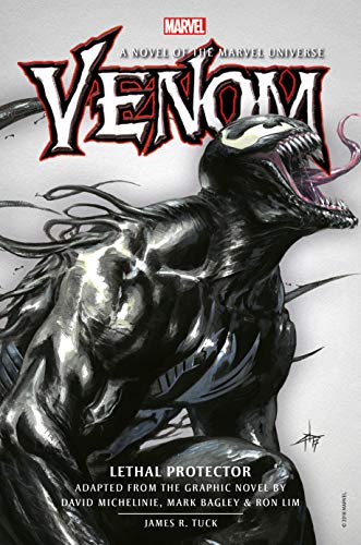 Book cover featuring Venom, a black alien symbiote with sharp teeth.