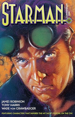 Close-up of Starman with a glowing visor, comic book cover art.