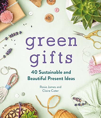 Book cover with “green gifts” text, surrounded by crafting materials and plants.