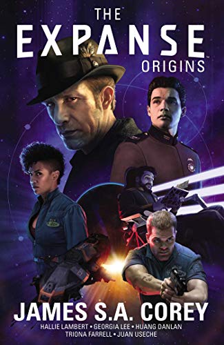 Book cover for "The Expanse Origins" featuring diverse characters and spaceships.
