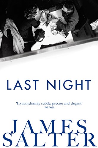 Black and white book cover, “Last Night” by James Salter, showing diners.