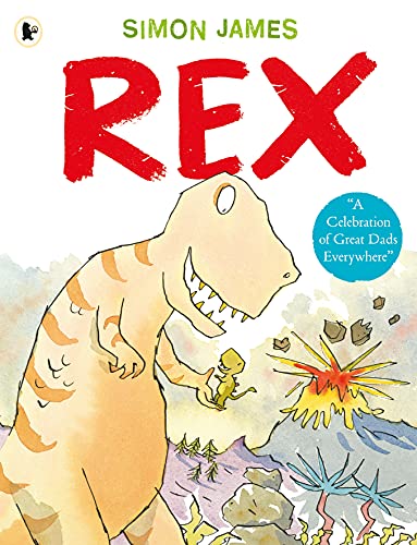 Book cover: large yellow dinosaur holding a tiny dinosaur near lava.