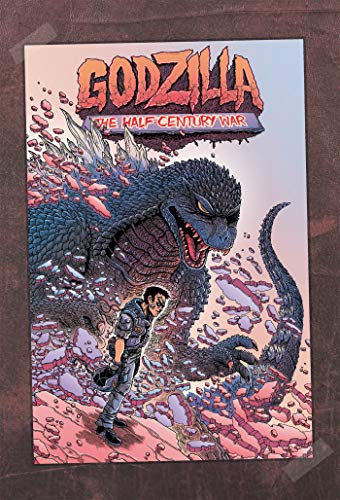 Godzilla roars over a man amidst debris, book cover illustration.