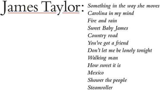 James Taylor's Greatest Hits CD tracklist with song titles in black text.