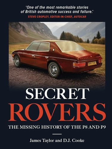 Book cover featuring a classic Rover P8 car in a landscape.