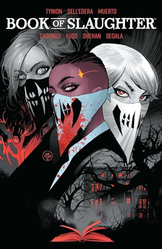Comic book cover featuring three masked figures with red accents and a haunted house.