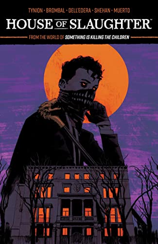 Comic book cover: masked figure before a large house and orange moon.