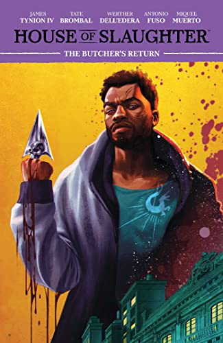 Comic book cover: a man with a bloody dagger, city background.