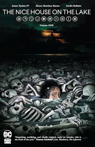 A person's eyes emerge from a dark lake filled with human skulls and bones.