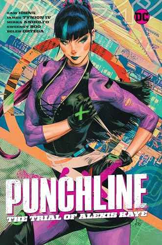 Comic book cover featuring Punchline holding a knife against a vibrant, abstract city background.