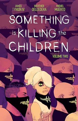 Graphic novel cover showing a blonde girl surrounded by people wearing black face masks.