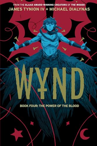 Book cover: blue figure with feathered wings against a red and black background.