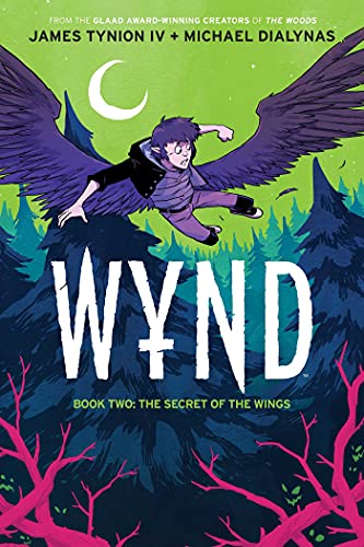 Boy with large wings flying over a dark, forested landscape.