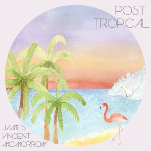 Album cover with tropical scene: palm trees, polar bear, and flamingo on pastel background.