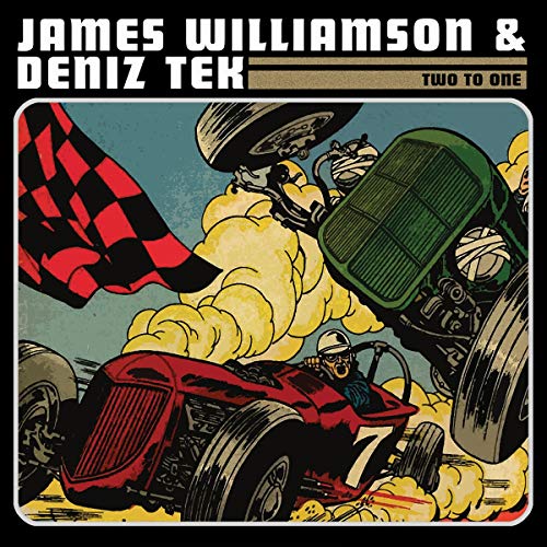 Album cover art featuring two vintage race cars and a checkered flag.