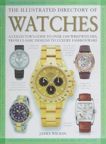 Book cover titled The Illustrated Directory of Watches featuring five different luxury wristwatches.