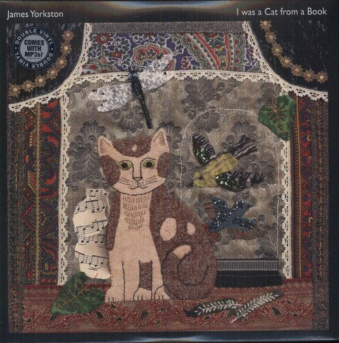 Fabric collage album cover featuring a cat, dragonfly, and birds on patterned textiles.
