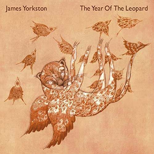 Album cover: Leopard with human hands surrounded by sketched birds.