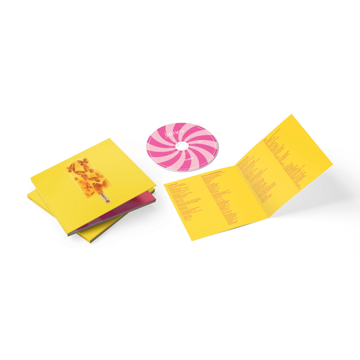 Yellow popsicle with embedded butterflies against a solid yellow background.