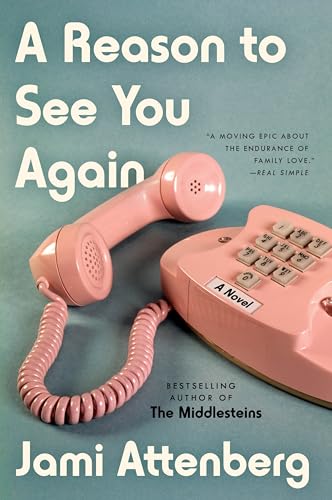 Book cover: "A Reason to See You Again" with a pink rotary phone.