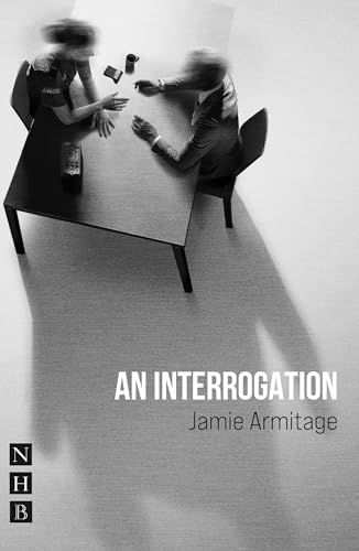 Blurred figures at a table, book cover titled "An Interrogation.