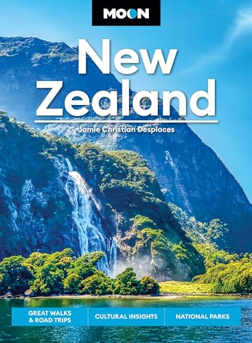 Travel guidebook cover: "Moon New Zealand" with a mountain and waterfall scene.